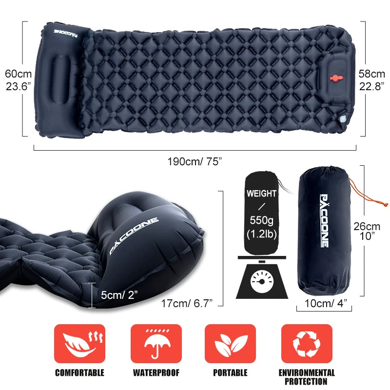 PACOONE Outdoor Camping Sleeping Pad Inflatable Mattress with Pillows Built-in Inflator Pump