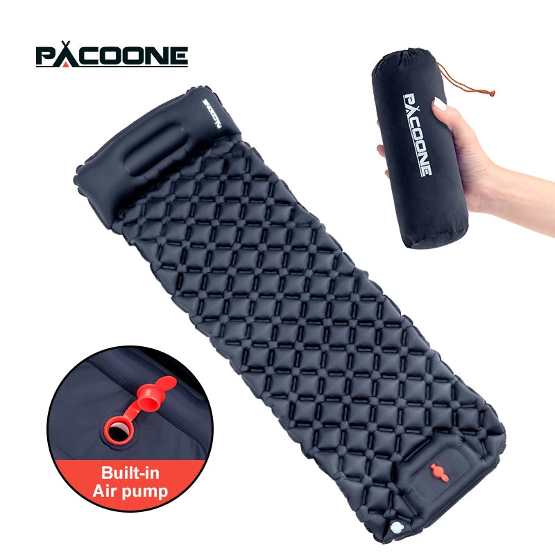 PACOONE Outdoor Camping Sleeping Pad Inflatable Mattress with Pillows Built-in Inflator Pump