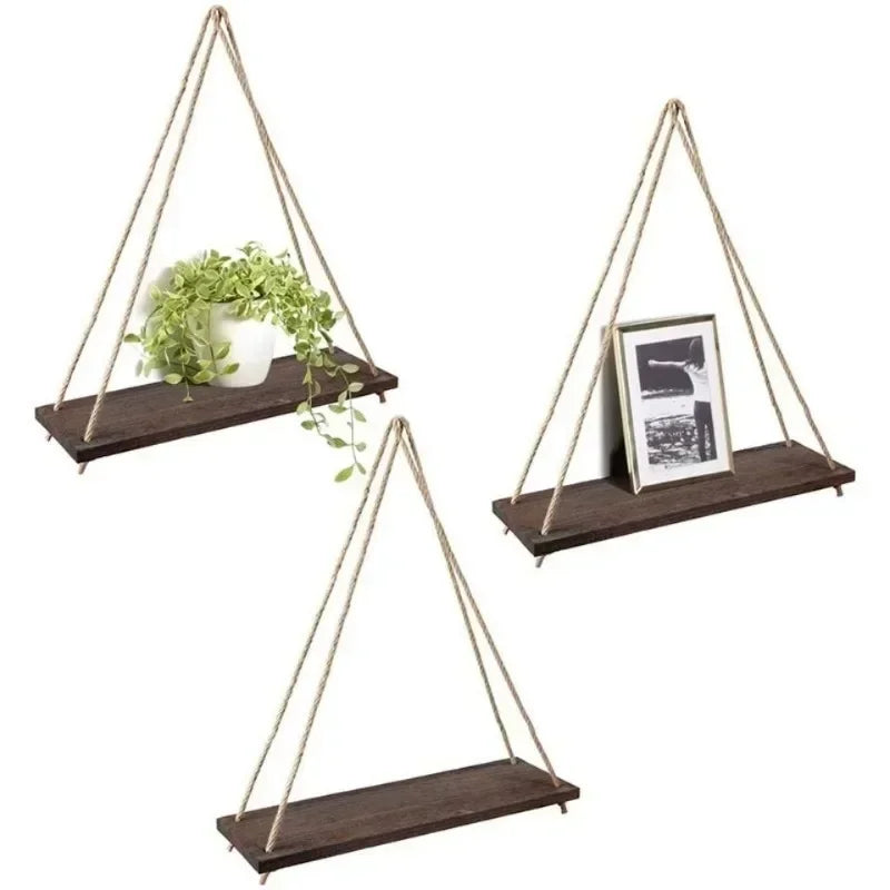 Wooden Rope Swing Hanging Plant Wall Mounted Flower Pot Tray