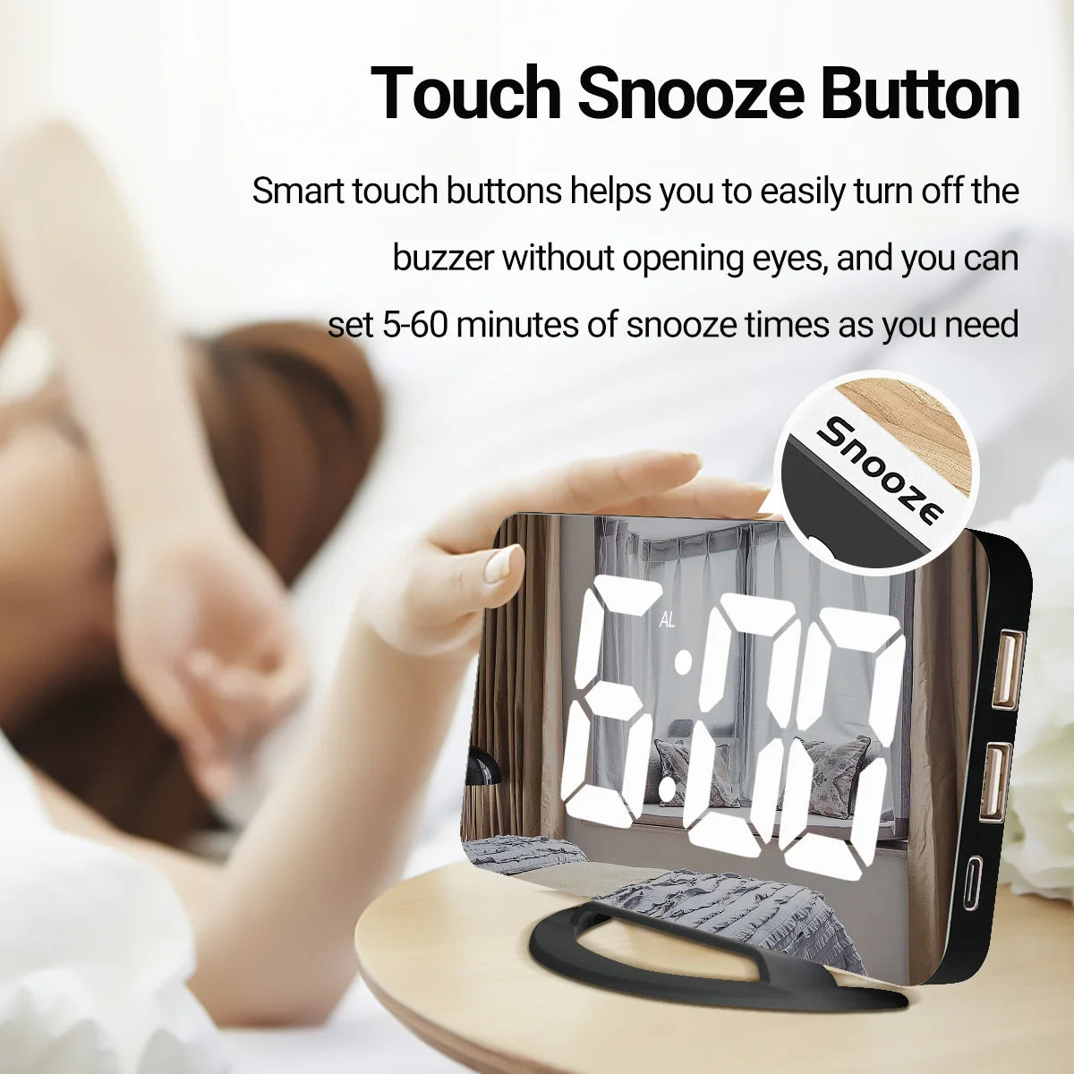 Mirror Digital Alarm Clock 7" LED Clocks with Touch Snooze