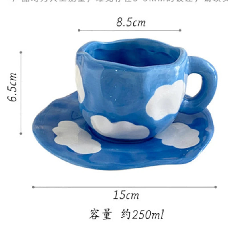 Hand Painted Blue Sky White Clouds Coffee Mug with Saucer