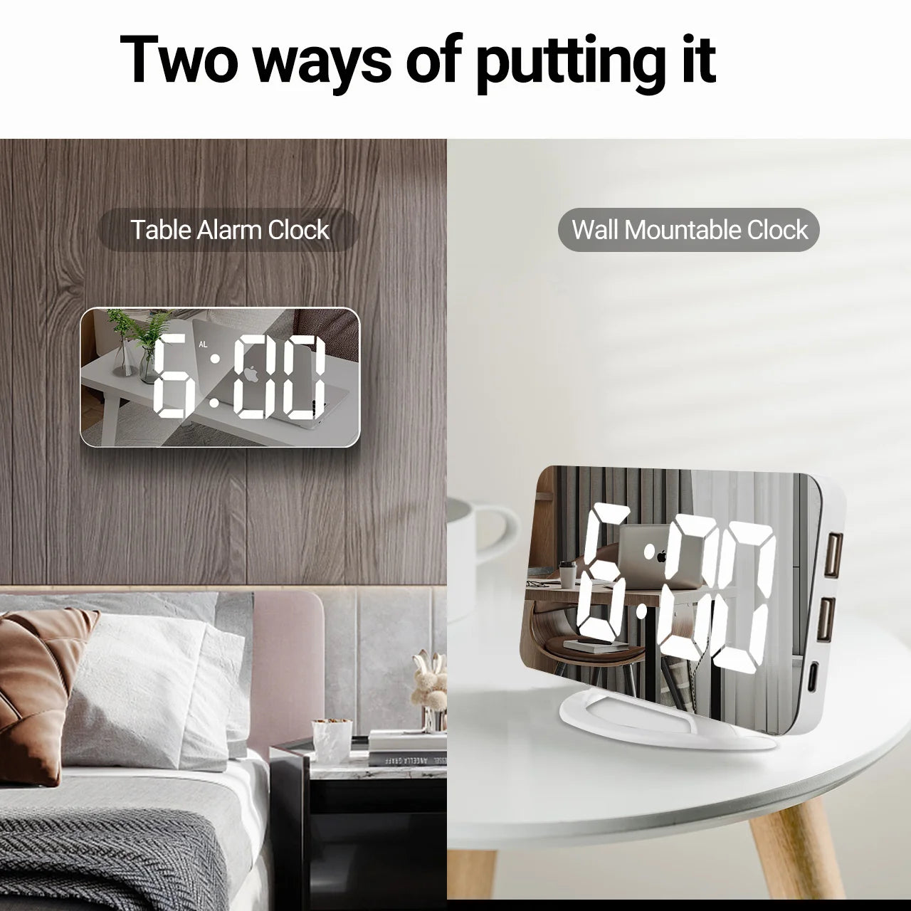 Mirror Digital Alarm Clock 7" LED Clocks with Touch Snooze