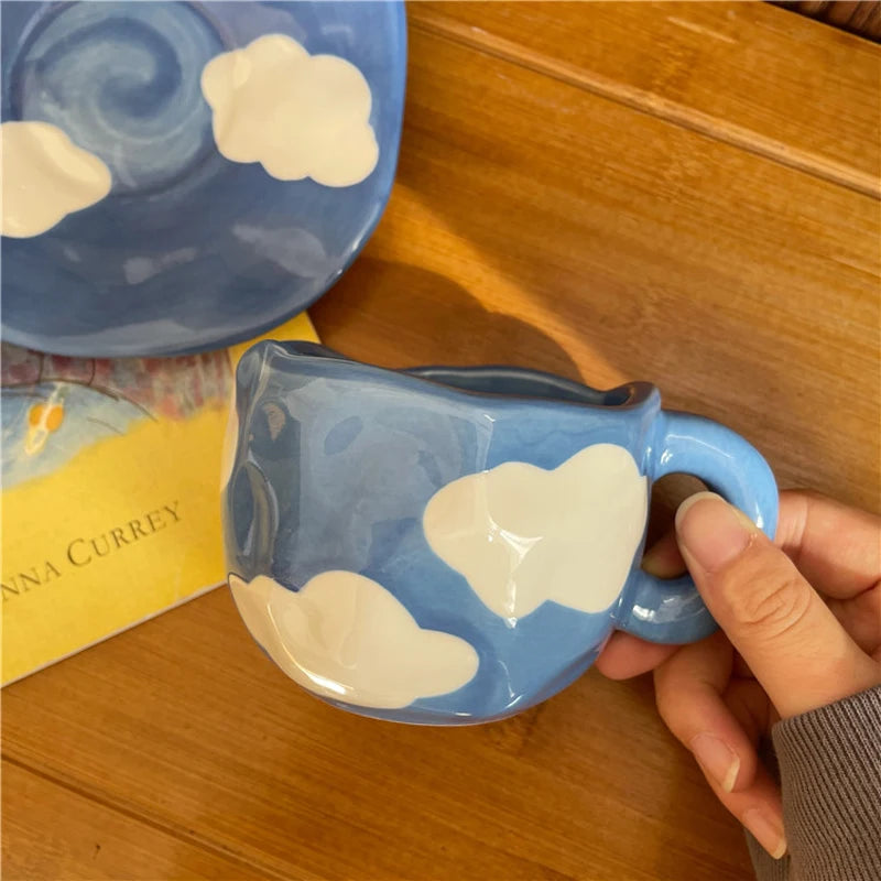 Hand Painted Blue Sky White Clouds Coffee Mug with Saucer