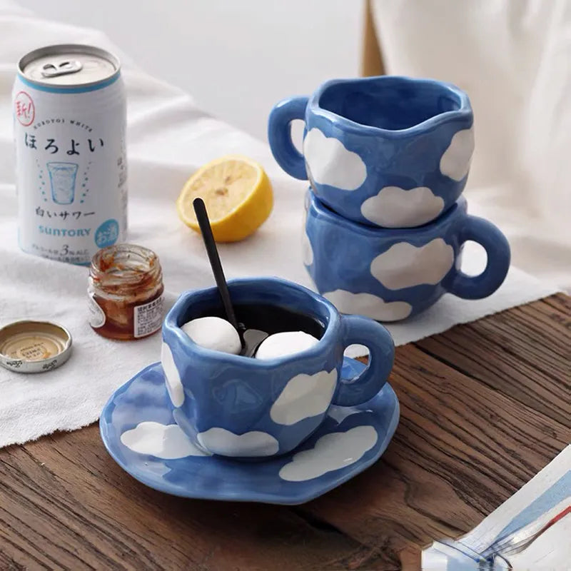 Hand Painted Blue Sky White Clouds Coffee Mug with Saucer