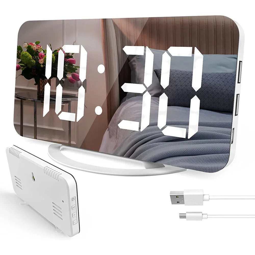 Mirror Digital Alarm Clock 7" LED Clocks with Touch Snooze