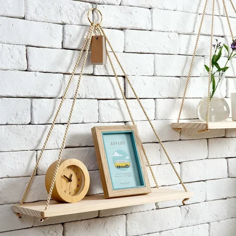 Wooden Rope Swing Hanging Plant Wall Mounted Flower Pot Tray