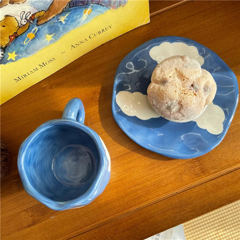 Hand Painted Blue Sky White Clouds Coffee Mug with Saucer