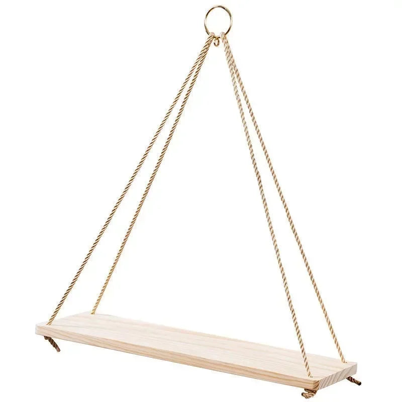 Wooden Rope Swing Hanging Plant Wall Mounted Flower Pot Tray