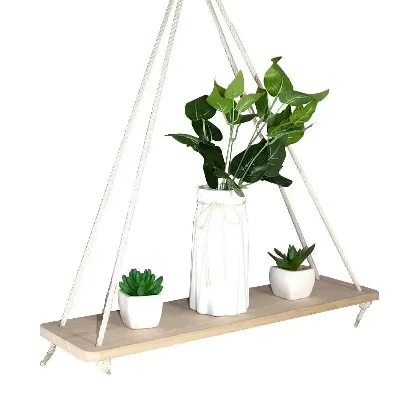 Wooden Rope Swing Hanging Plant Wall Mounted Flower Pot Tray