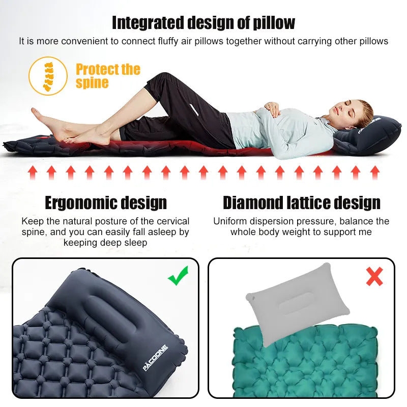 PACOONE Outdoor Camping Sleeping Pad Inflatable Mattress with Pillows Built-in Inflator Pump