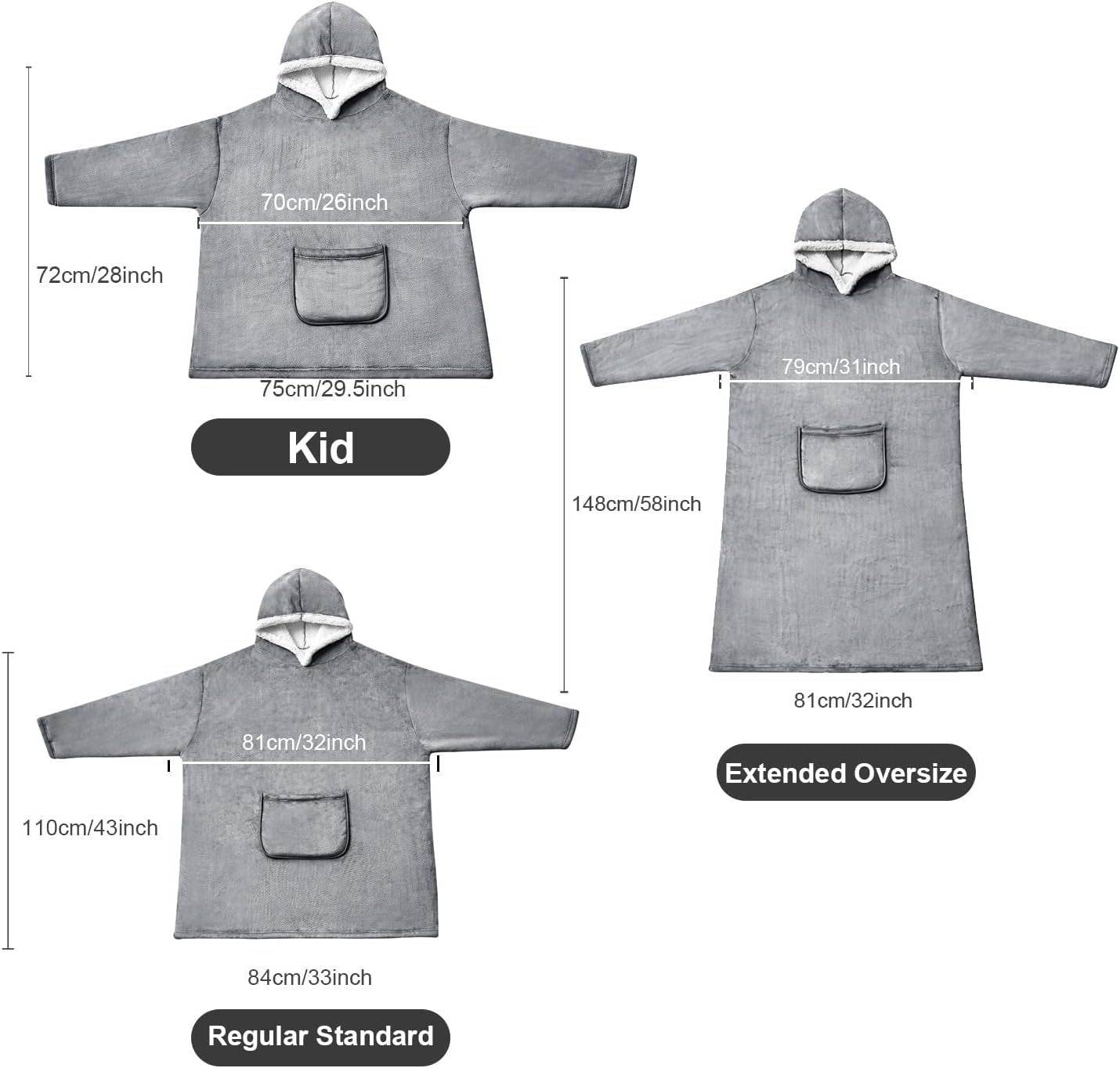 Wearable Blanket Hoodie for Kids, Hoodie Blanket with Pockets and Sleeves Sweatshirt for Teens as a Gift - Grey Kids