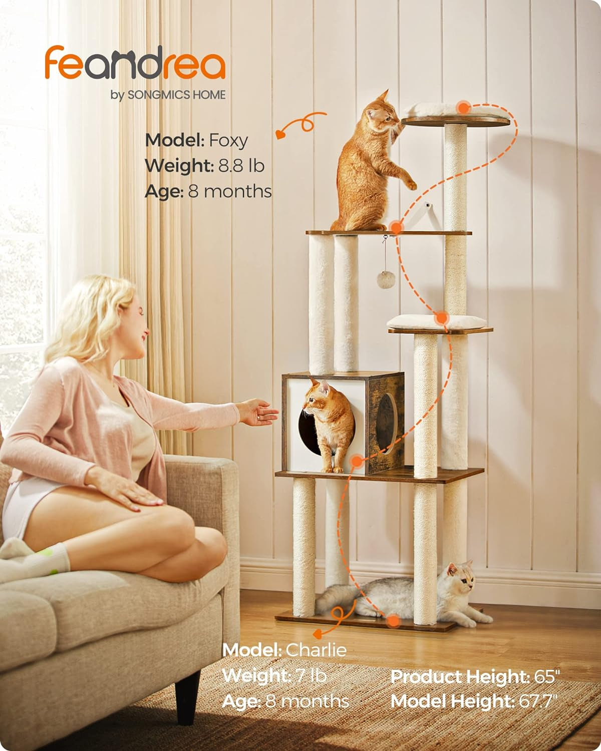 Woodywonders Cat Tree, 65-Inch Modern Cat Tower for Indoor Cats, Multi-Level Cat Condo with 5 Scratching Posts, Perch, Washable Removable Cushions, Cat Furniture, Rustic Brown UPCT166X01