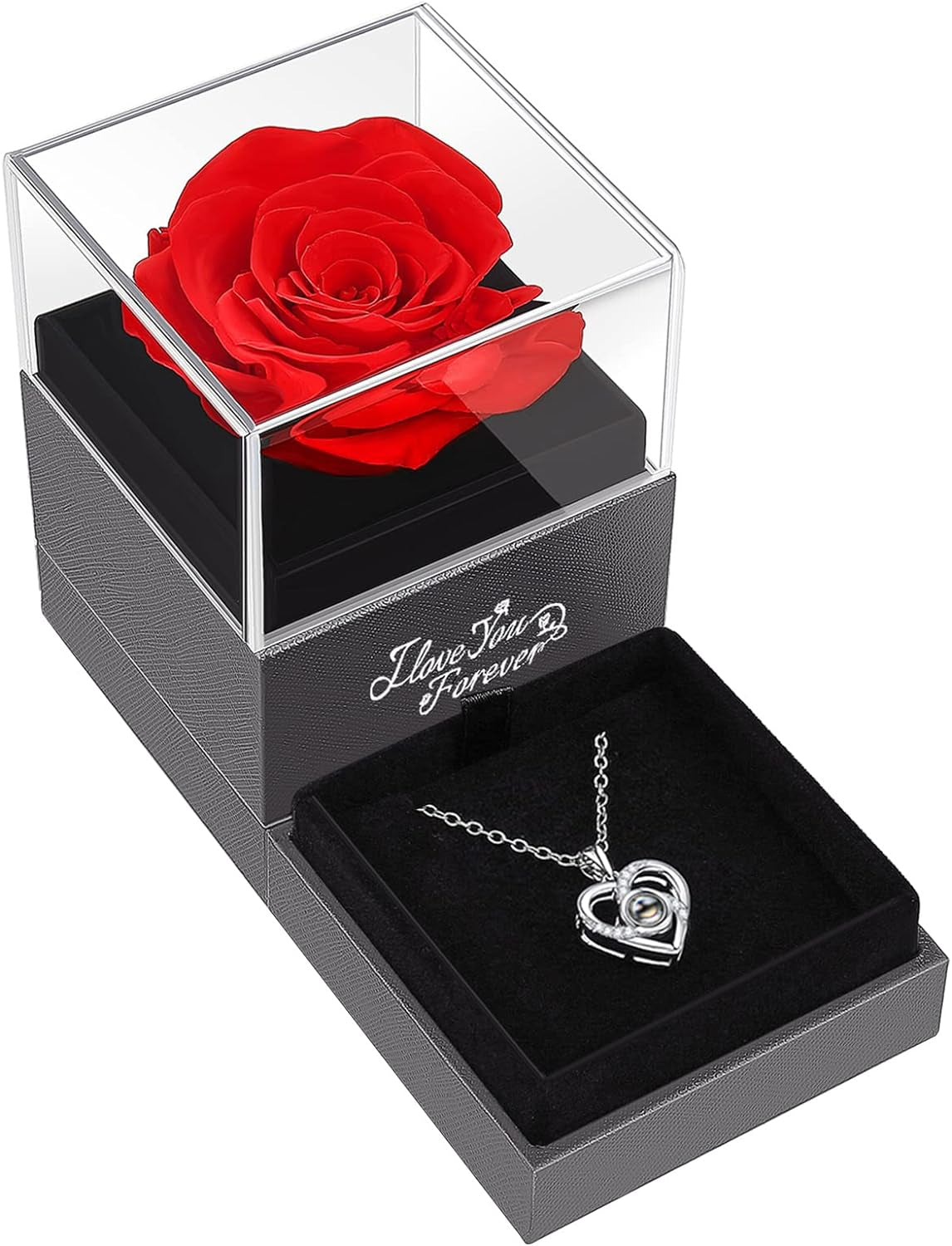 Preserved Red Real Rose with I Love You Necklace -Eternal Flowers Rose Gifts for Mom Wife Girlfriend Her on Mothers Day Valentines Day Anniversary Birthday Gifts for Women