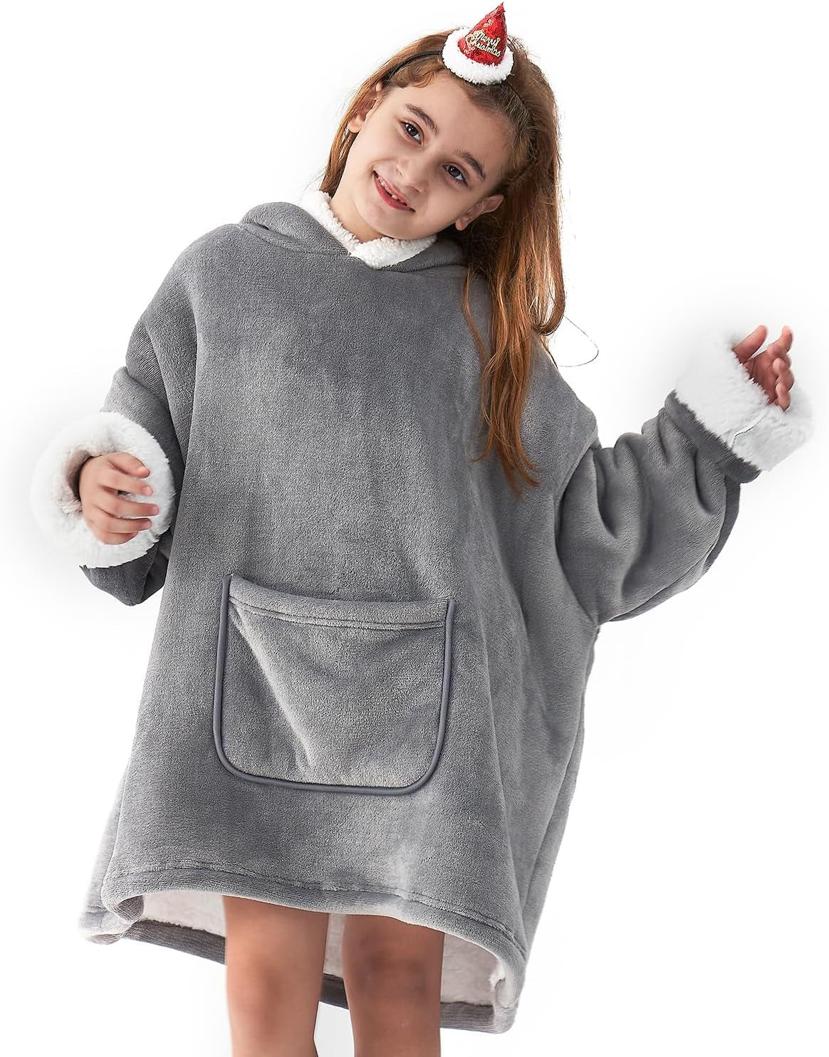 Wearable Blanket Hoodie for Kids, Hoodie Blanket with Pockets and Sleeves Sweatshirt for Teens as a Gift - Grey Kids