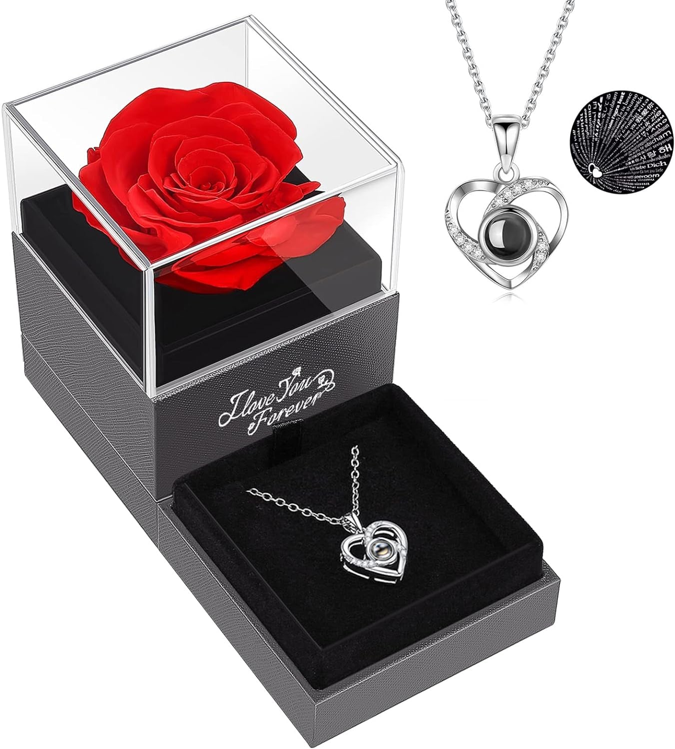 Preserved Red Real Rose with I Love You Necklace -Eternal Flowers Rose Gifts for Mom Wife Girlfriend Her on Mothers Day Valentines Day Anniversary Birthday Gifts for Women